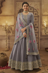 Grey Color Zari Embroidered Silk Unstitched Suit Material