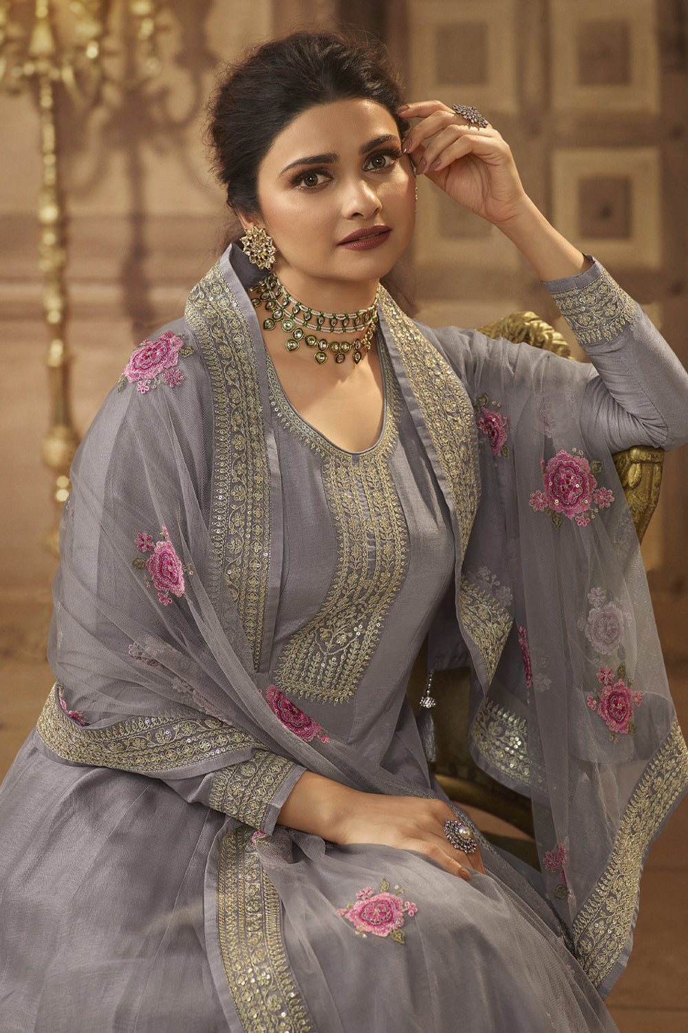Grey Color Zari Embroidered Silk Unstitched Suit Material