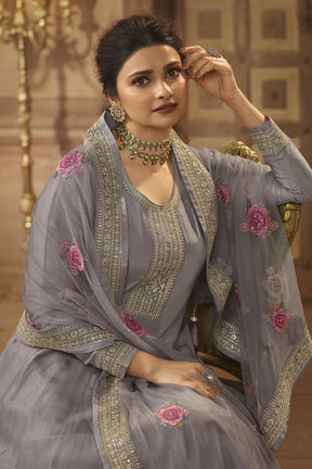 Grey Color Zari Embroidered Silk Unstitched Suit Material