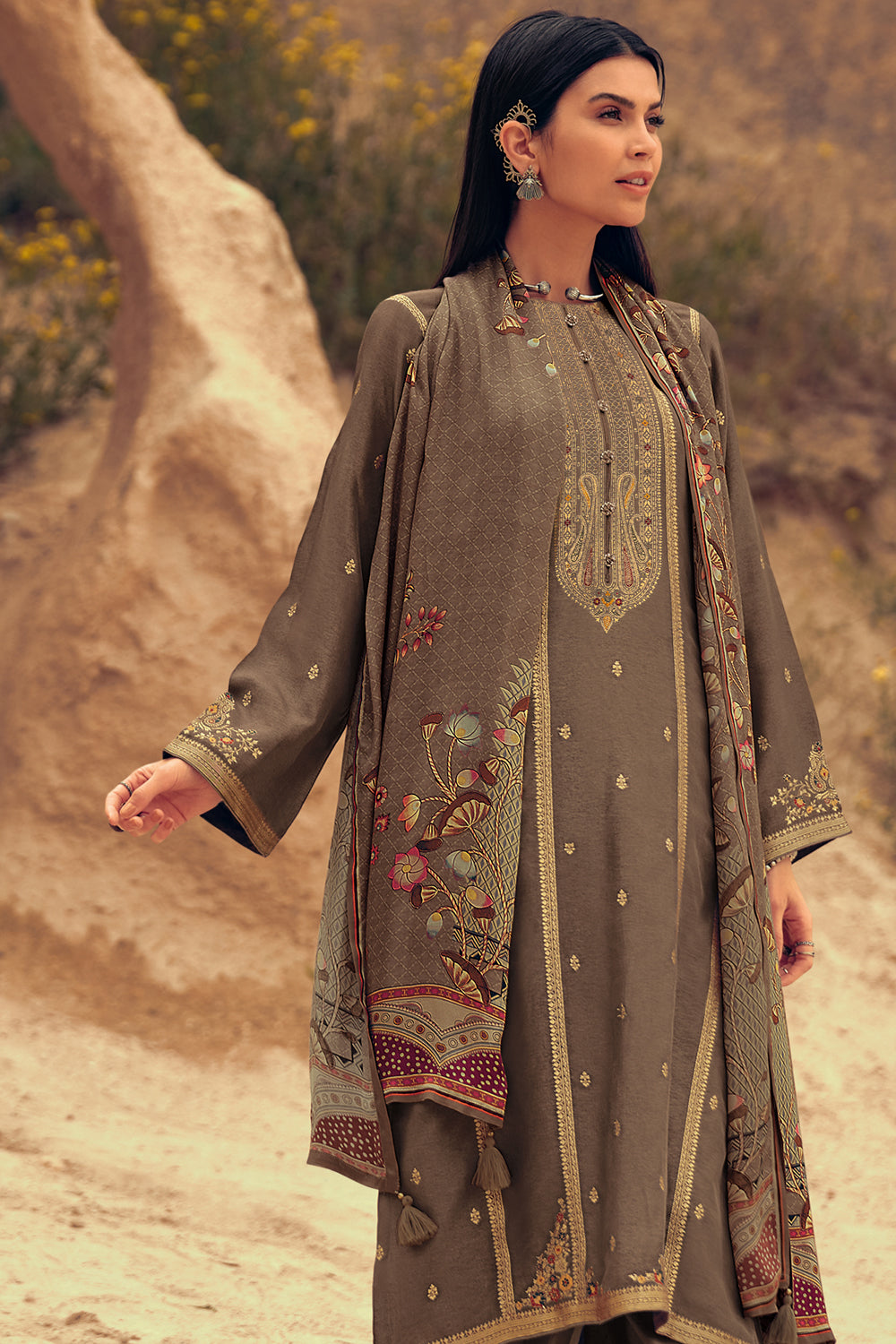Brown Color Silk Woven Unstitched Suit Material