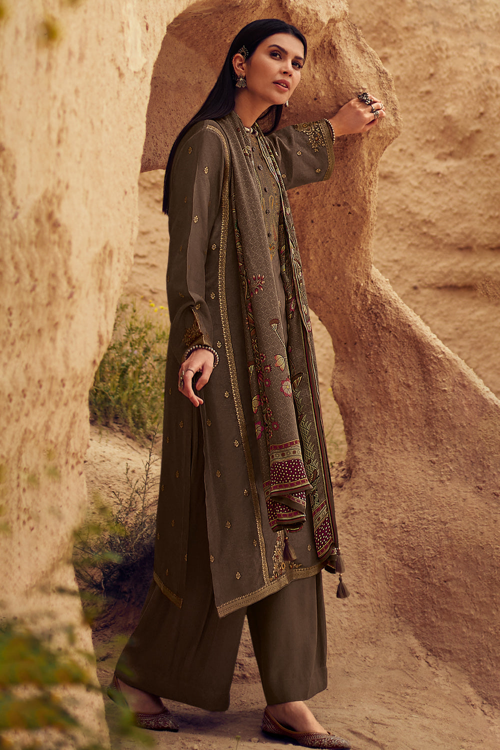 Brown Color Silk Woven Unstitched Suit Material