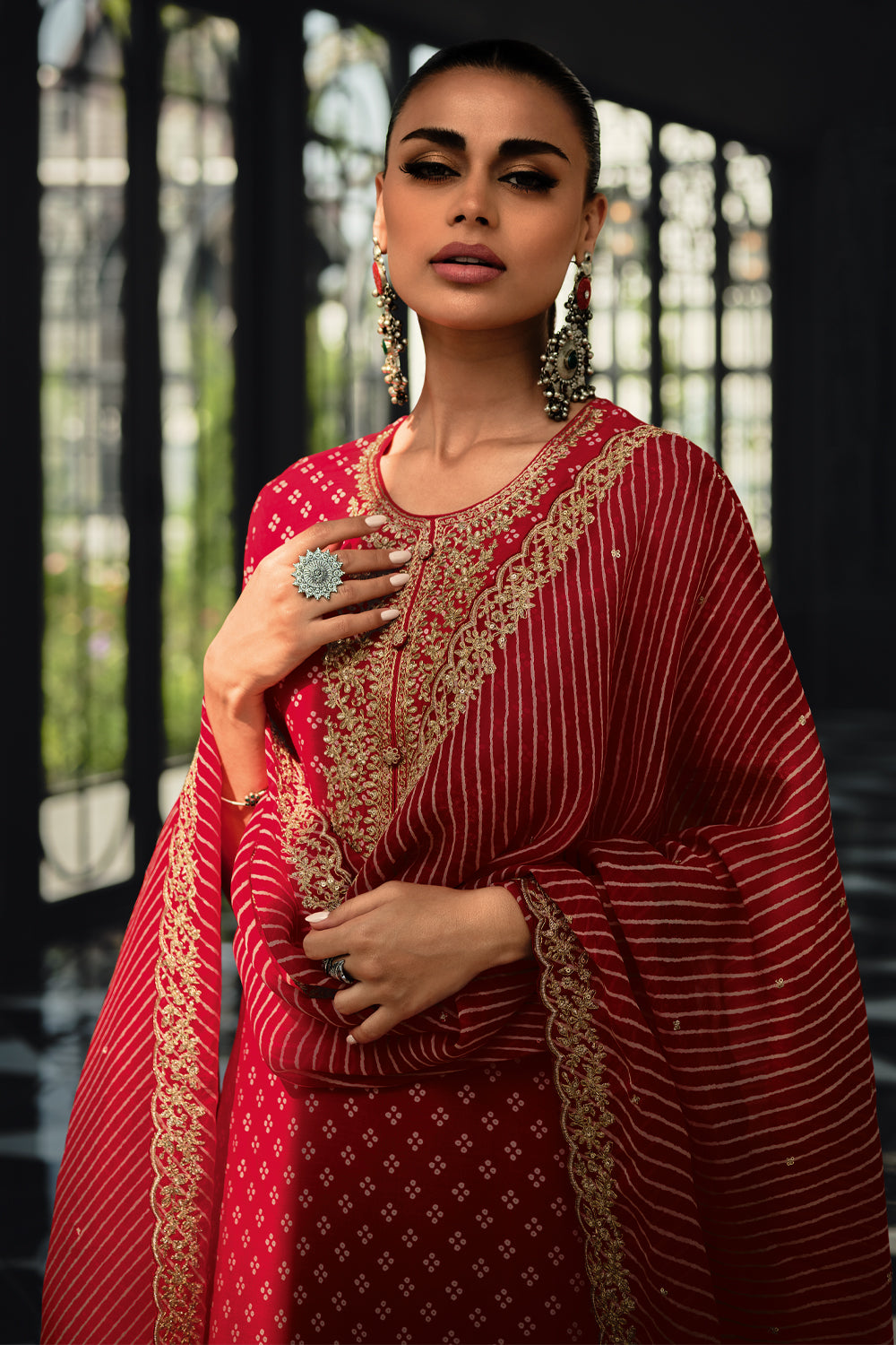 Red Color Printed Muslin Unstitched Suit Fabric