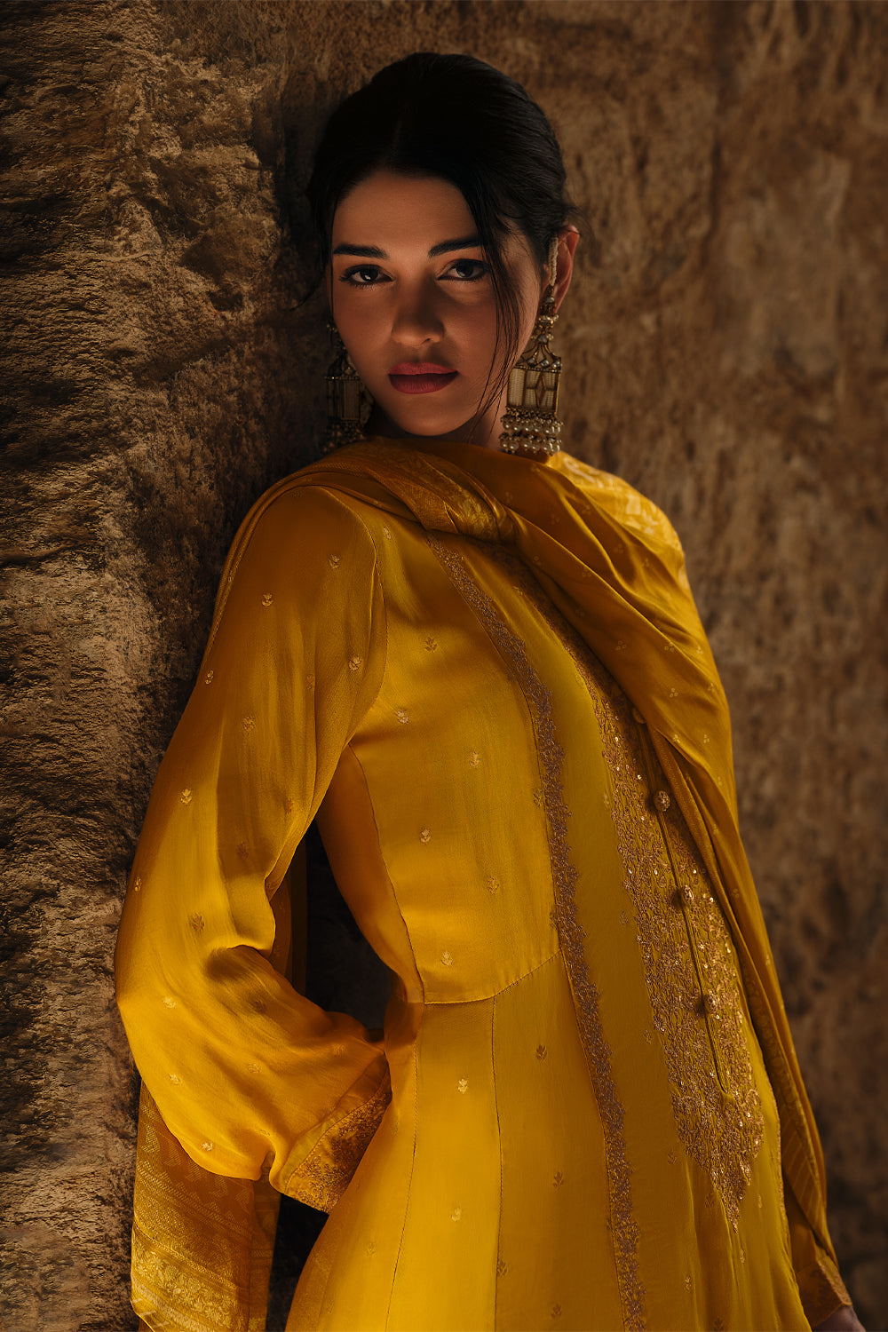 Mustard Color Silk Zari Embroidered Unstitched Suit Material