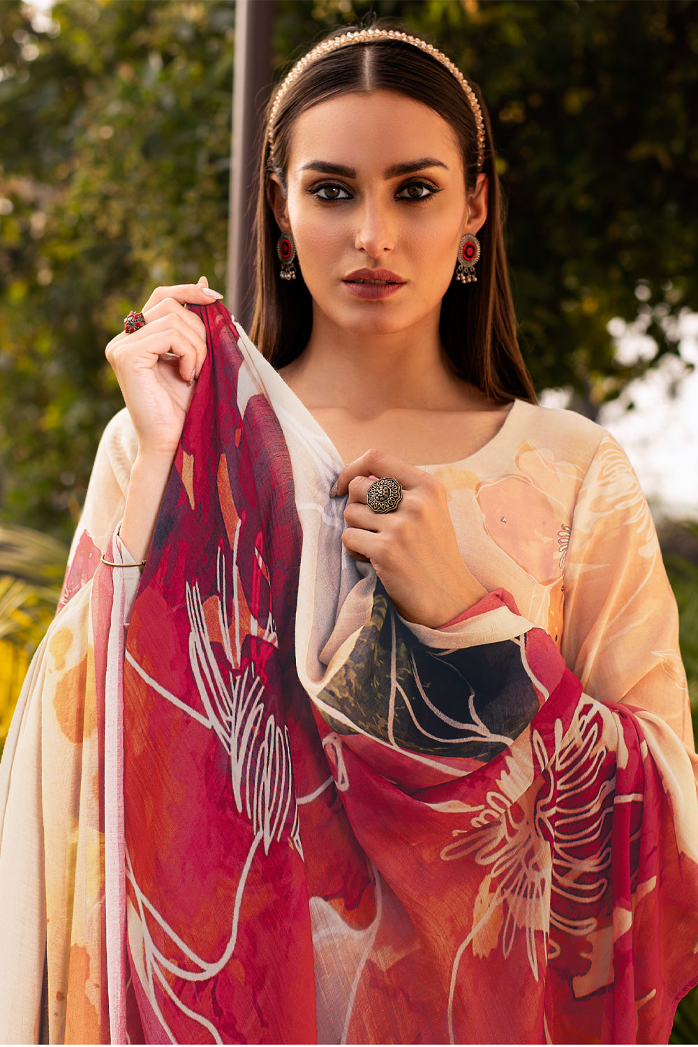 Peach Color Printed Crepe Silk Unstitched Suit Material