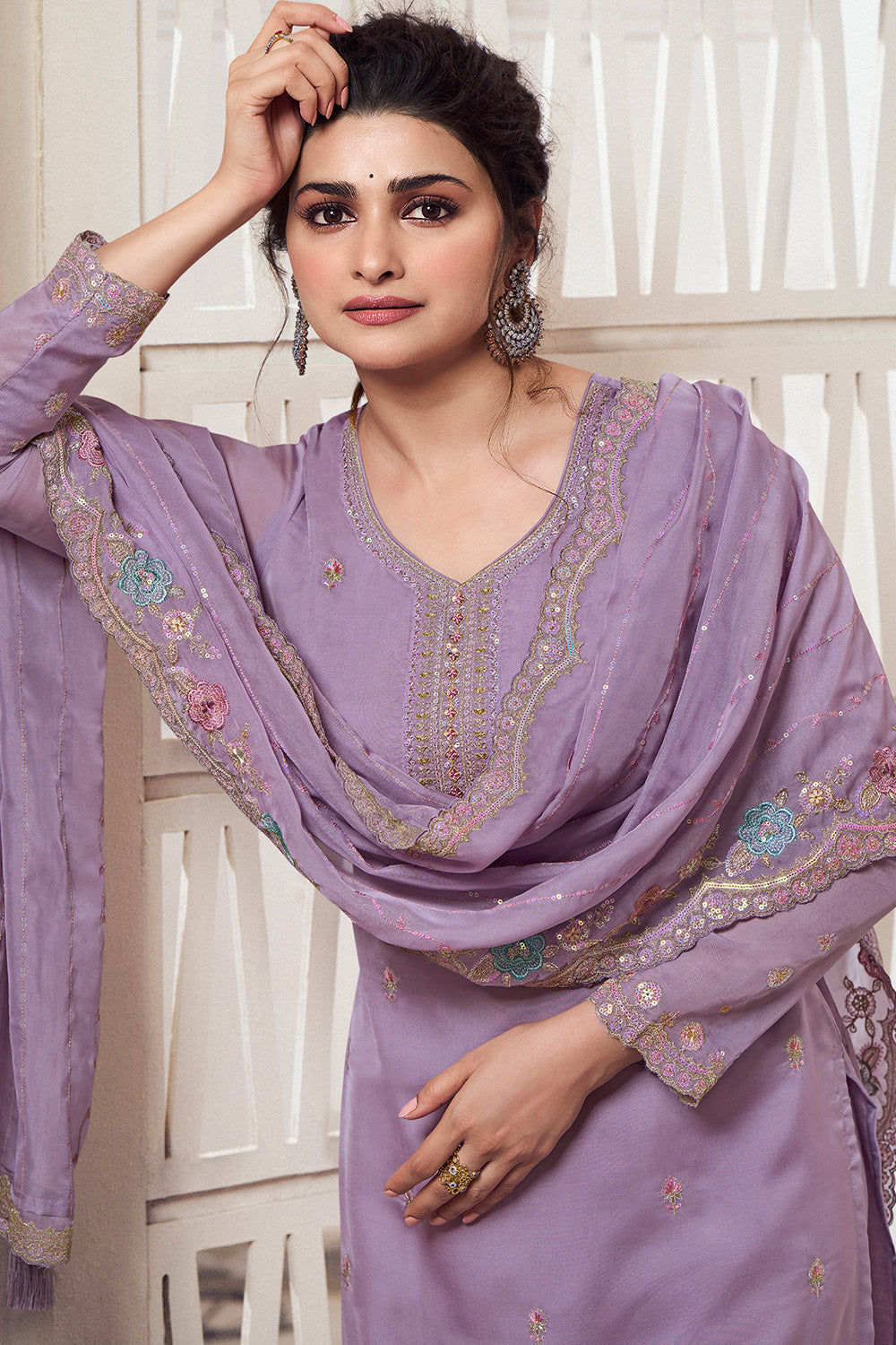 Lavender Color Organza  Embroidered Unstitched Suit Material