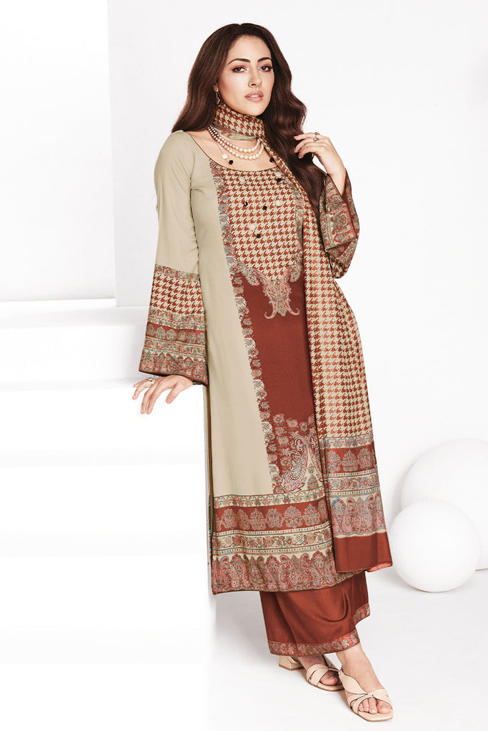 Brown & Beige Kashmiri Paisley Printed Unstitched Suits Material