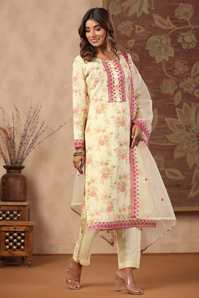 Lemon Yellow Colour Muslin Printed Suit