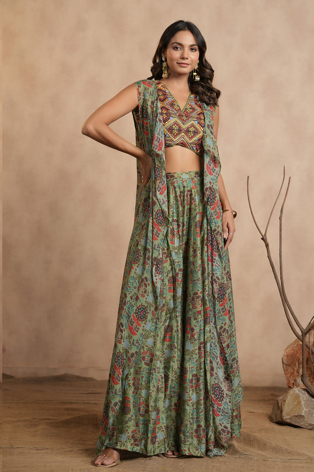 Pista Green Colour Chinon Embroidered Crop-Top and Printed Palazzo Set With Shrugs