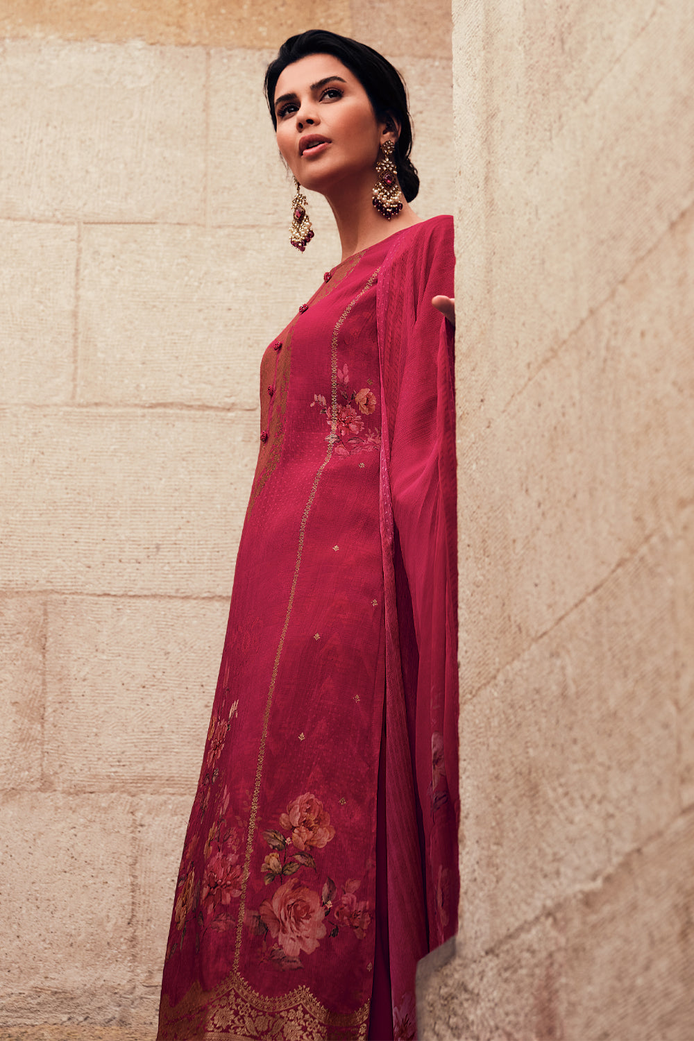 Fuchsia Pink Color woven Organza Unstitched Suit Material