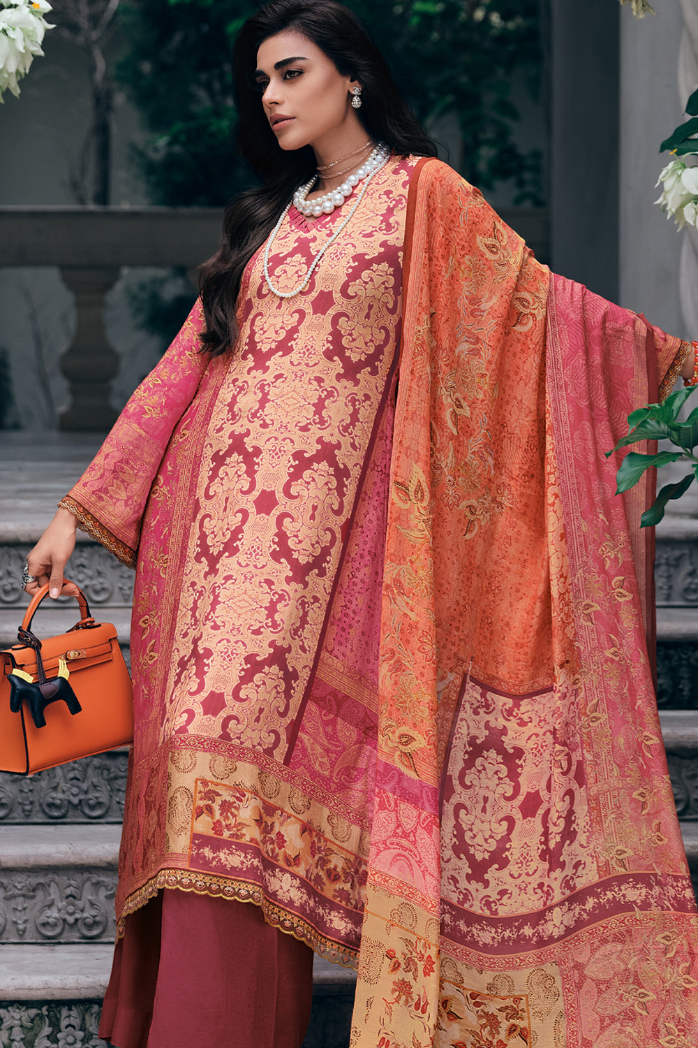 Coral Colour Printed Muslin Unstitched Suit Material