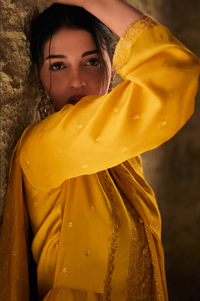 Mustard Color Silk Zari Embroidered Unstitched Suit Material