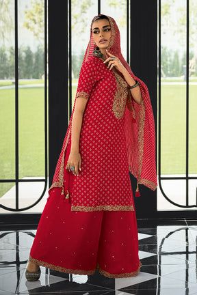 Red Color Printed Muslin Unstitched Suit Fabric