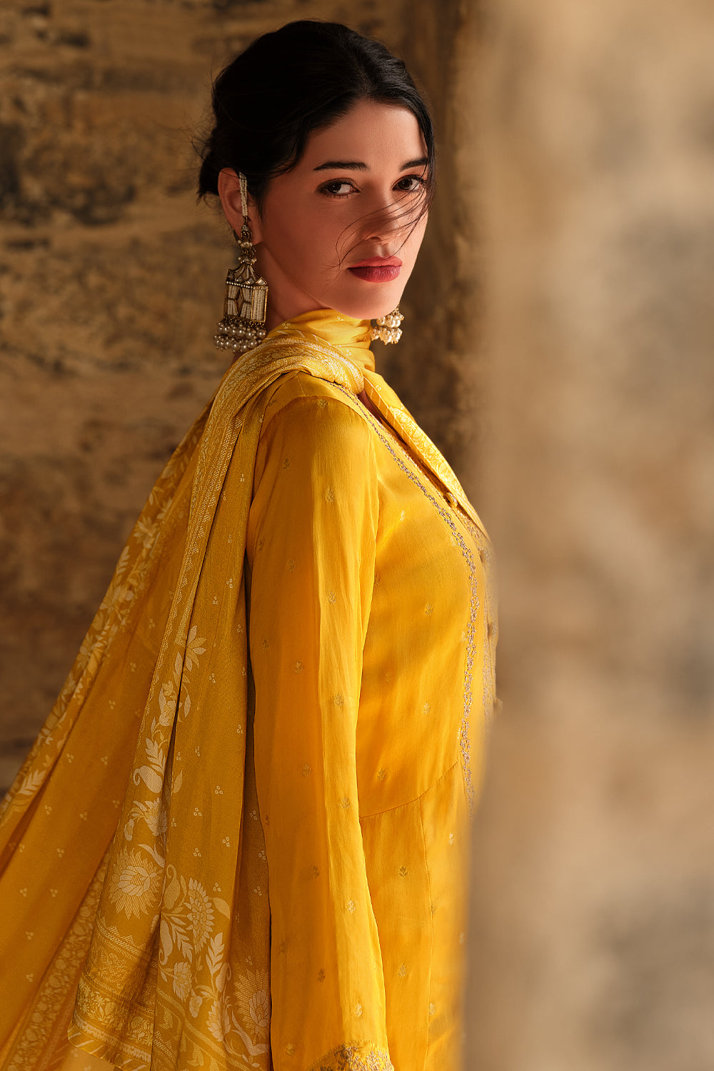 Mustard Color Silk Zari Embroidered Unstitched Suit Material