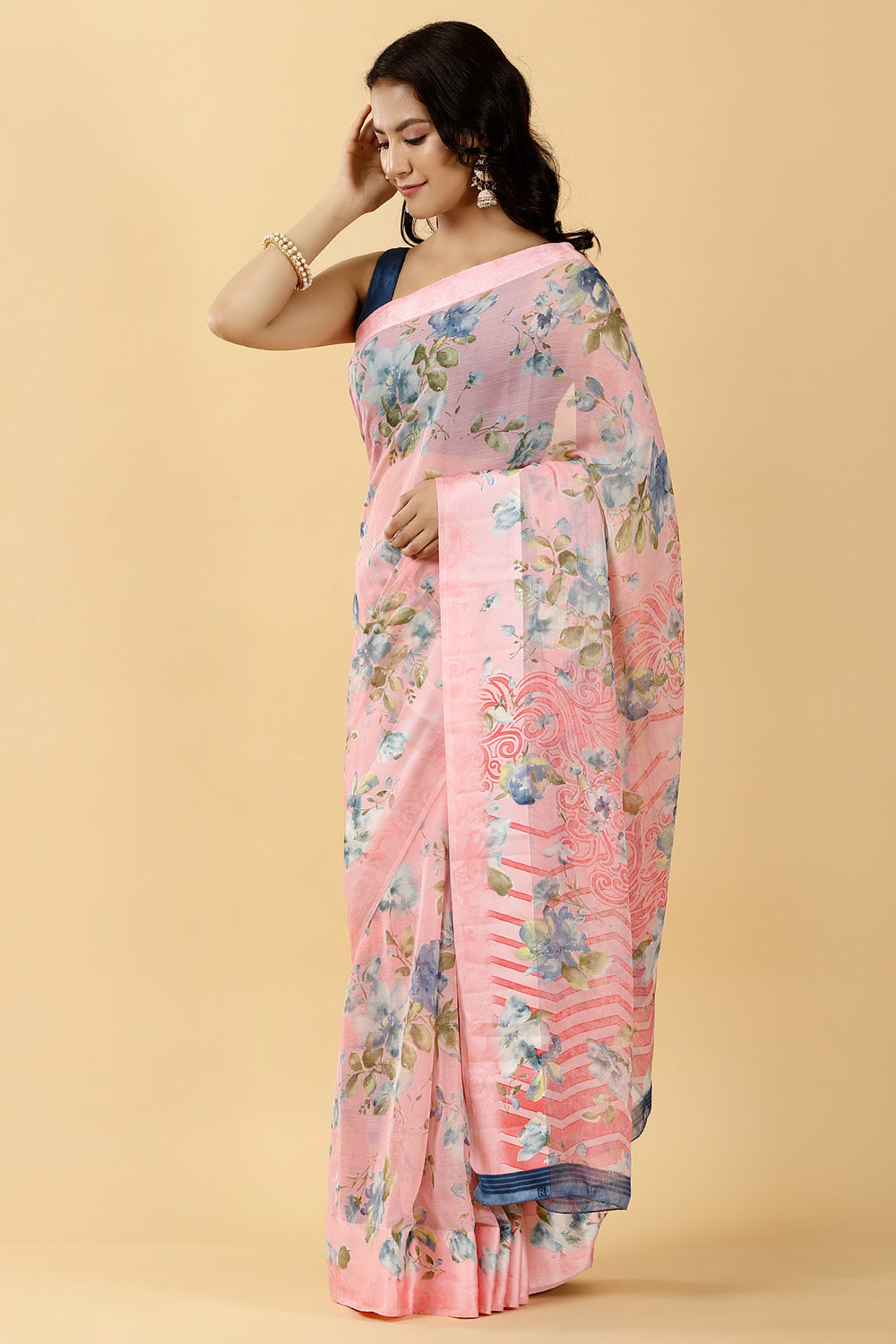 Pink Color Chiffon Printed Saree