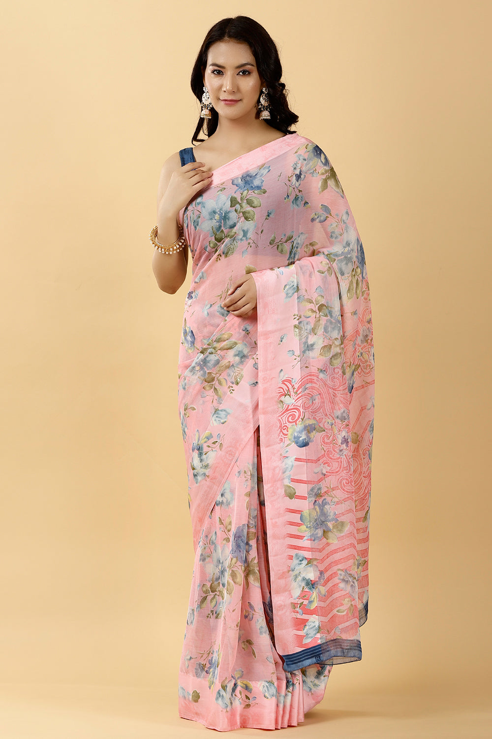 Pink Color Chiffon Printed Saree