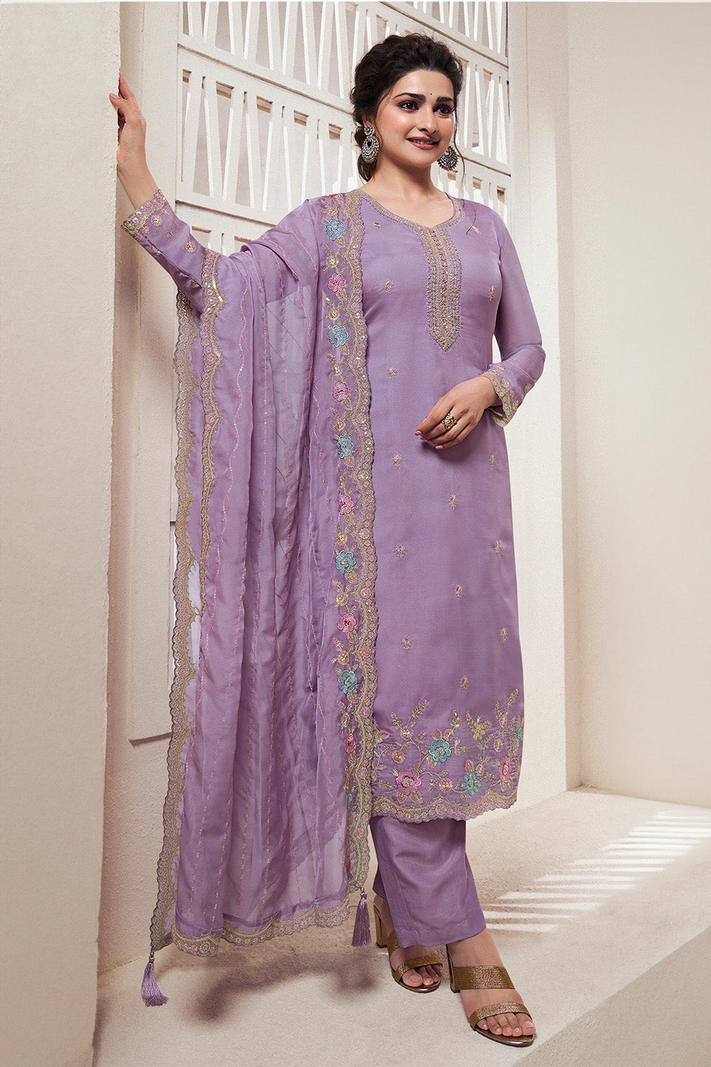 Lavender Color Organza  Embroidered Unstitched Suit Material