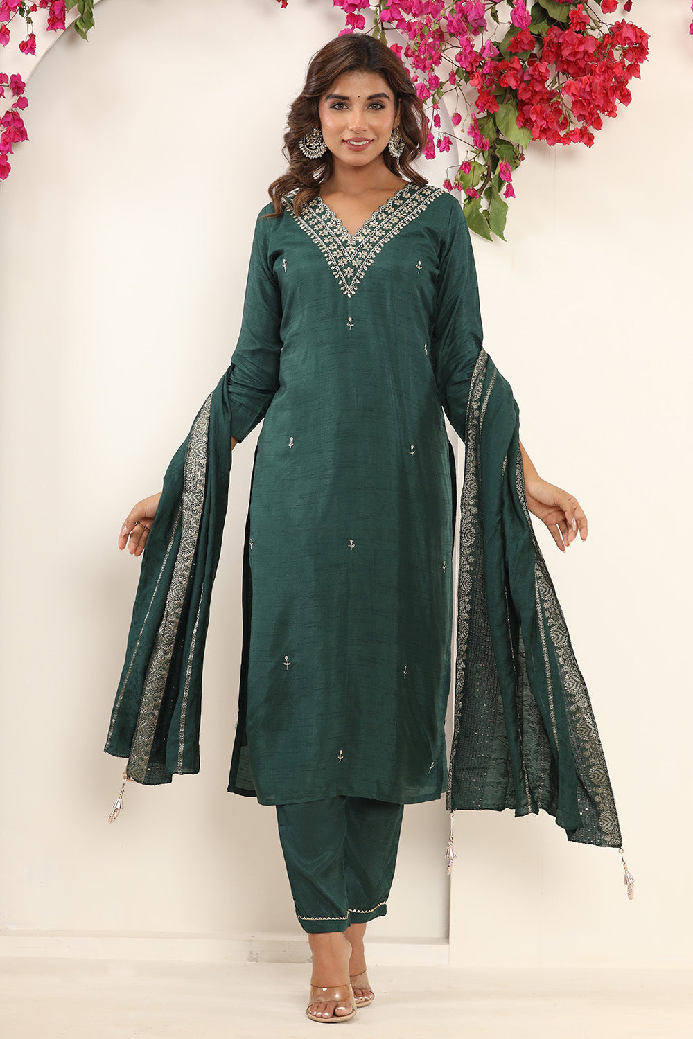 Bottle Green Color Silk Neck Embroidered Straight Suit