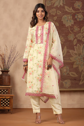 Lemon Yellow Colour Muslin Printed Suit