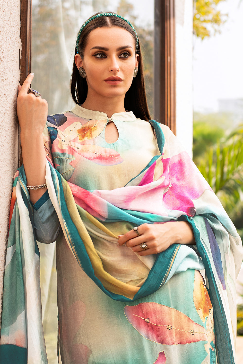Cream & Sea Green Color Printed Crepe Silk Unstitched Suit Material