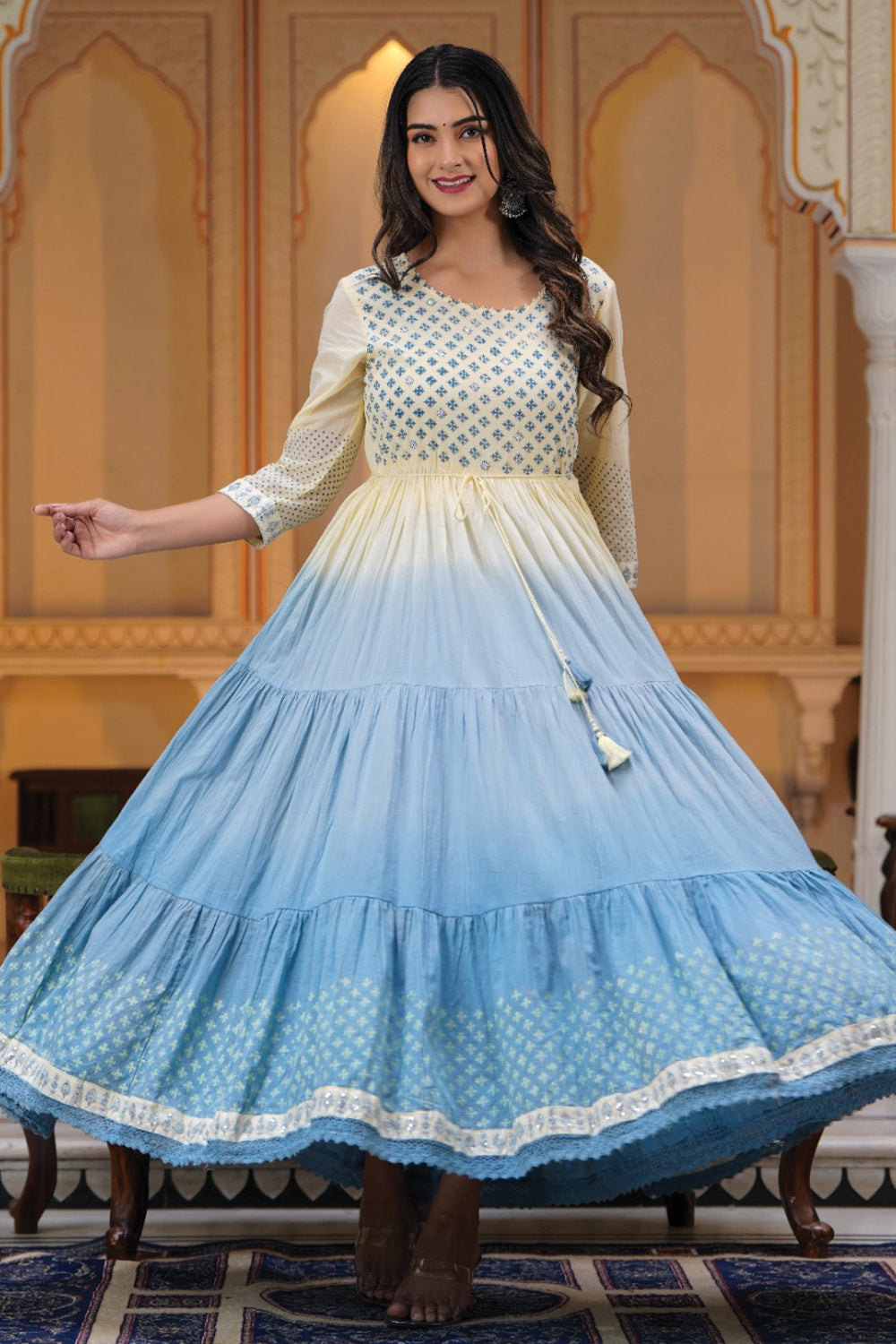 Cream & Blue Color Cotton Printed Anarkali Kurta