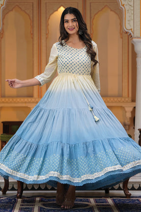 Cream & Blue Color Cotton Printed Anarkali Kurta