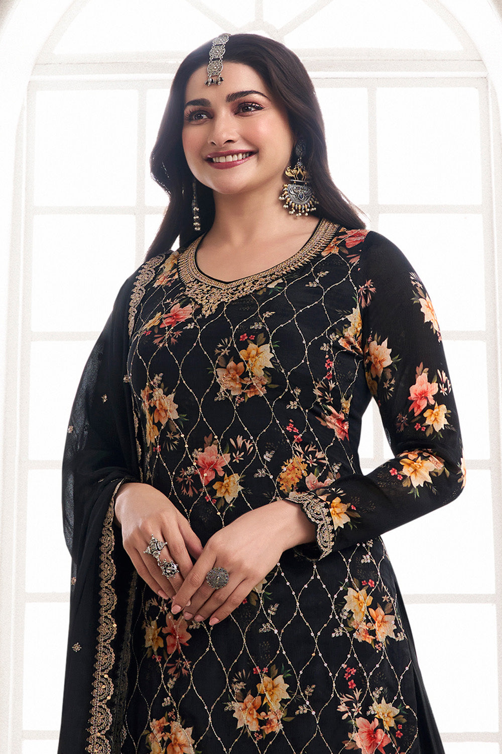 Black Color Printed Crepe Unstitched Suit Material With Stitched Palazzo