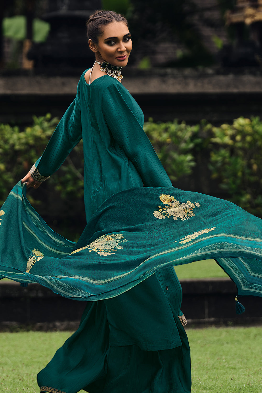 Teal Color Embroidered Silk Unstitched Suit Material