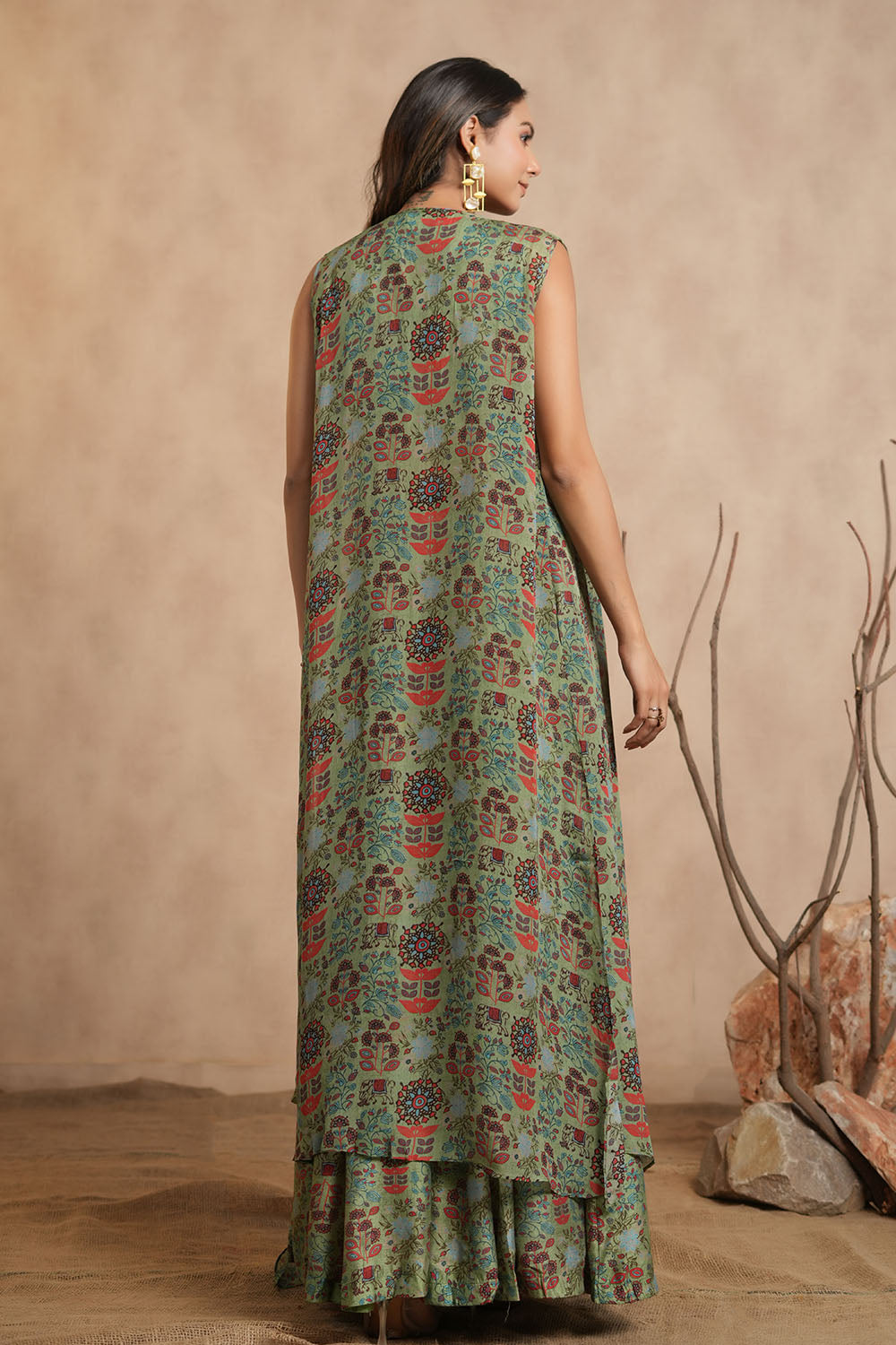 Pista Green Colour Chinon Embroidered Crop-Top and Printed Palazzo Set With Shrugs