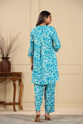 Turquoise Colour Printed Muslin Co-Ord Set