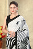 White & Black Stripe printed Crepe Silk Saree