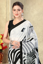 White & Black Stripe printed Crepe Silk Saree