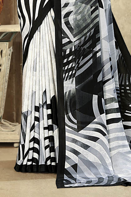 White & Black Stripe printed Crepe Silk Saree