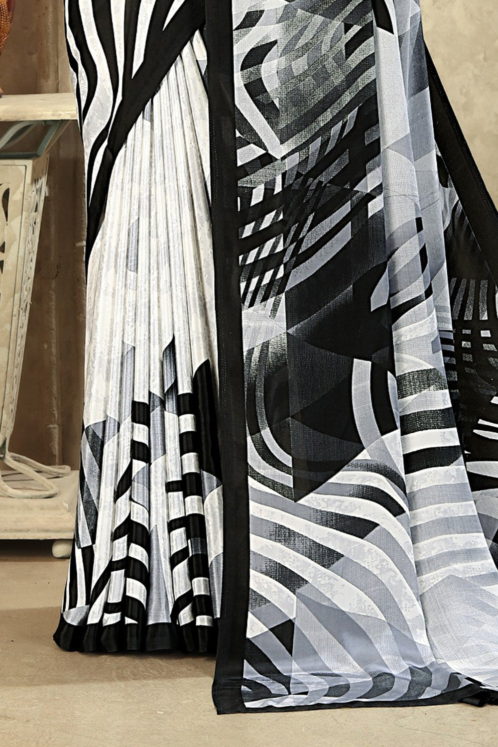 White & Black Stripe printed Crepe Silk Saree