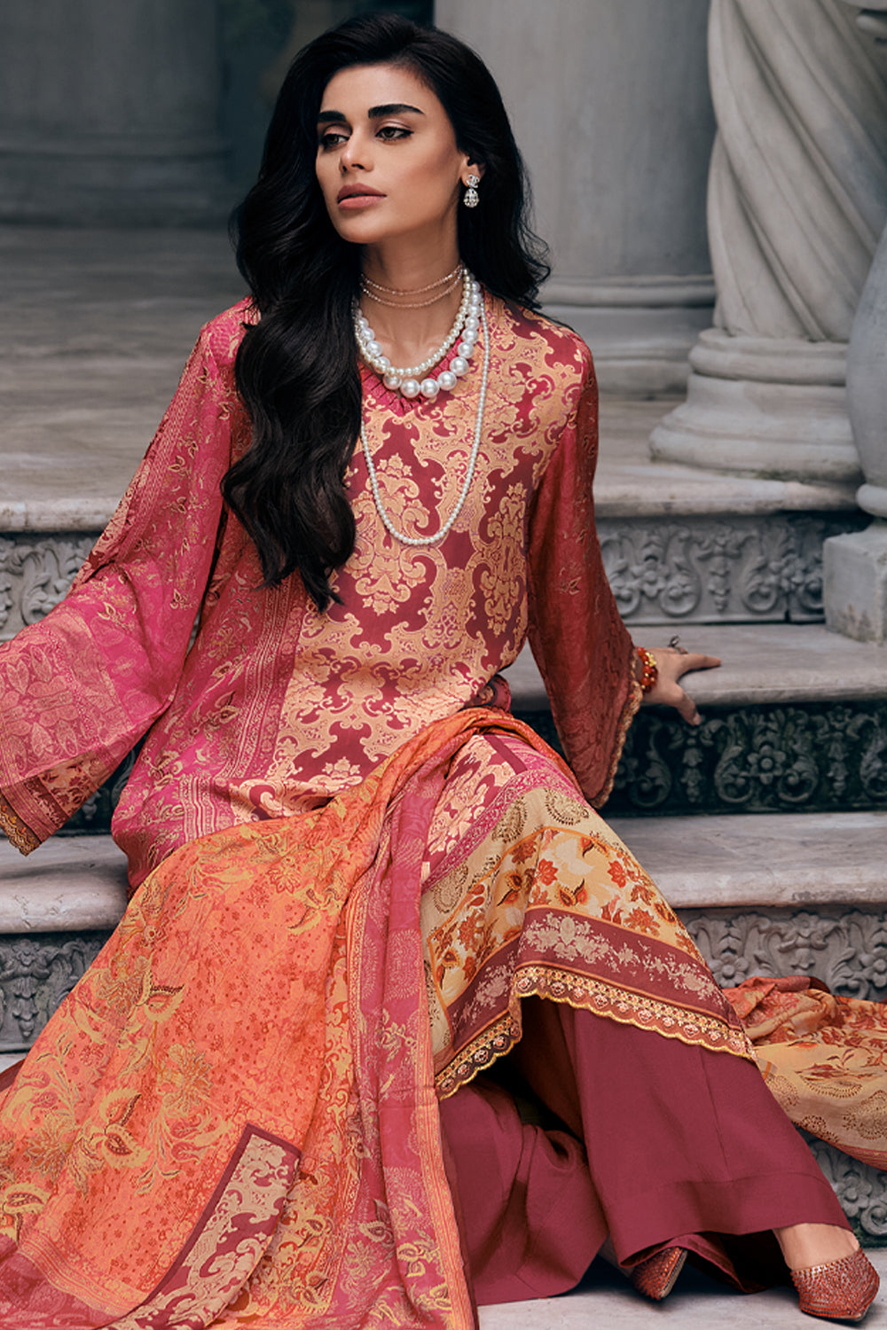 Coral Colour Printed Muslin Unstitched Suit Material