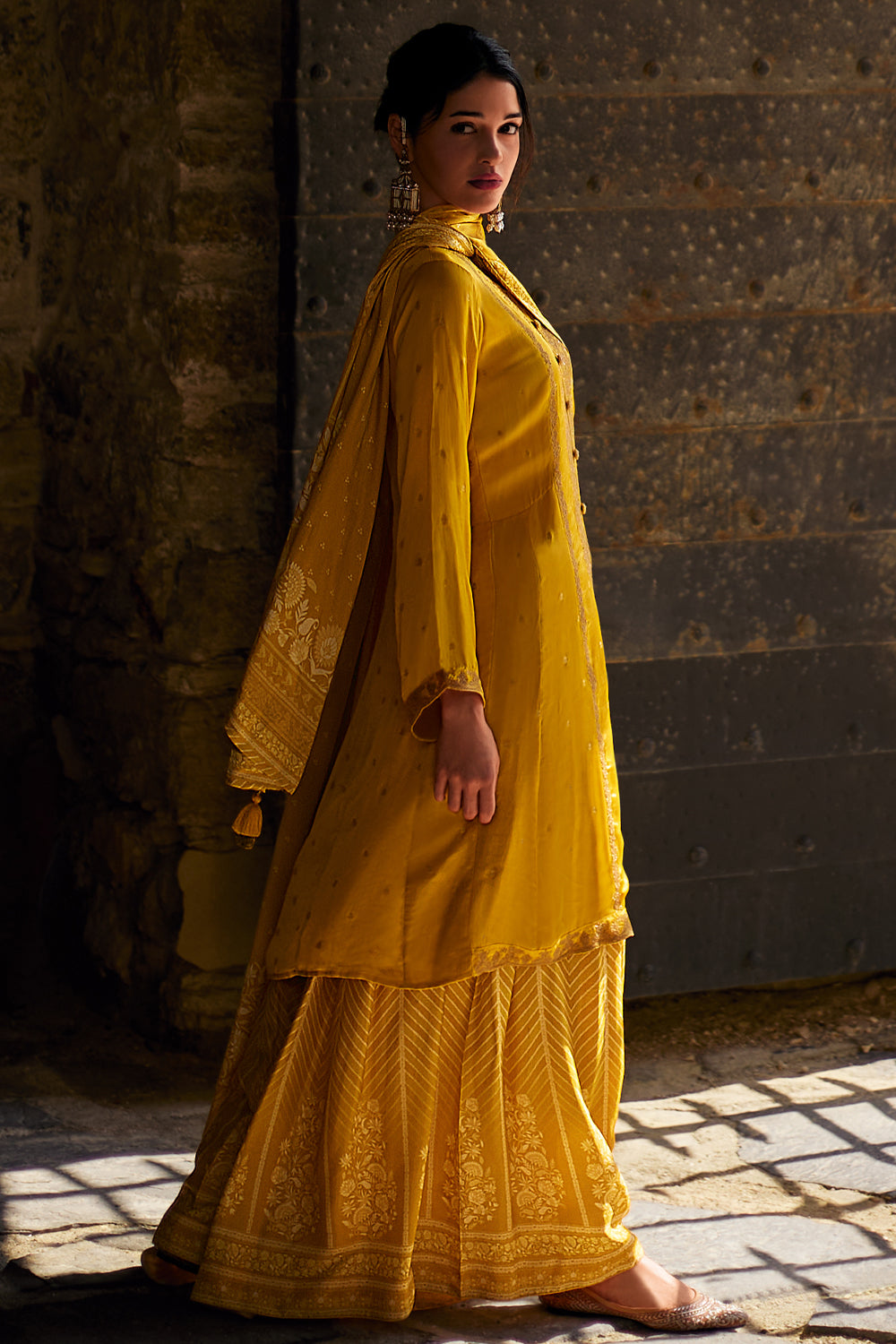 Mustard Color Silk Zari Embroidered Unstitched Suit Material