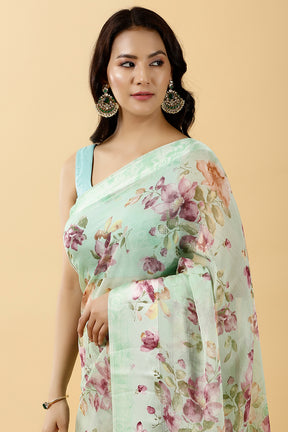 Mint Green Color Chiffon Printed Saree