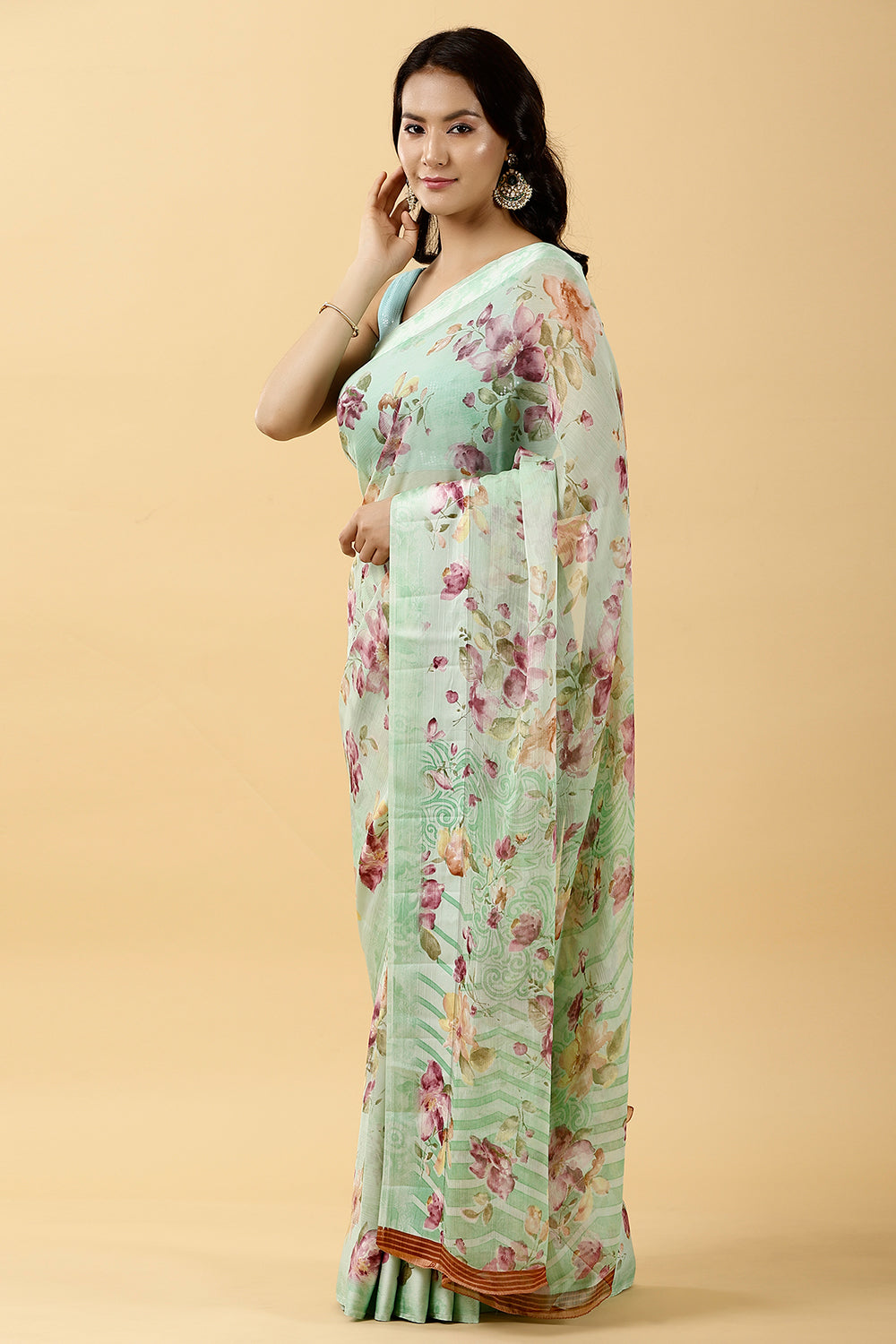 Mint Green Color Chiffon Printed Saree