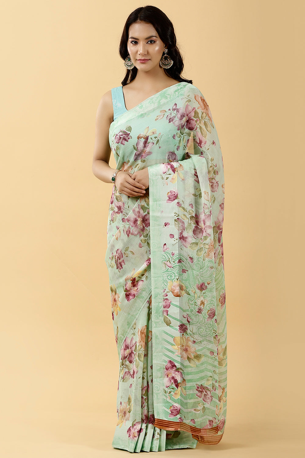 Mint Green Color Chiffon Printed Saree