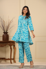 Turquoise Colour Printed Muslin Co-Ord Set