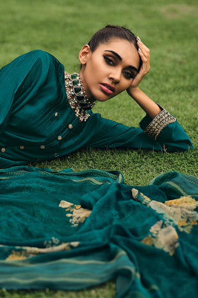 Teal Color Embroidered Silk Unstitched Suit Material