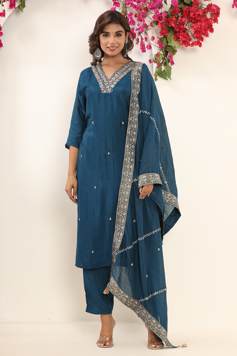 Teal Color Silk Neck Embroidered Straight Suit