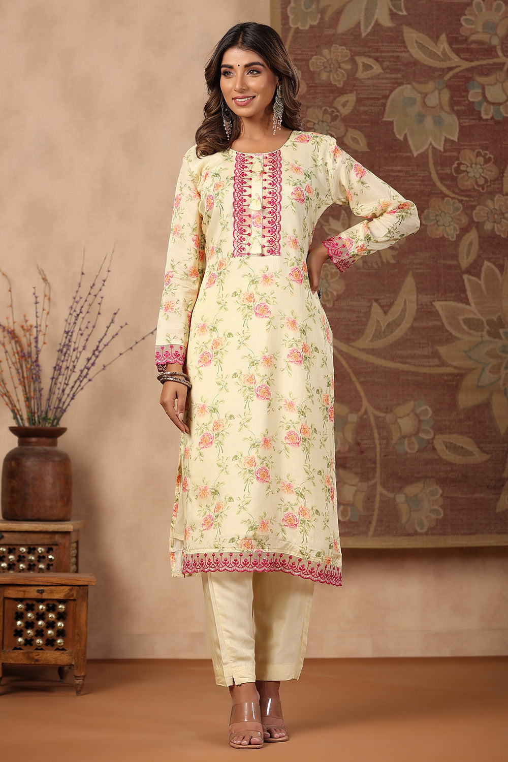 Lemon Yellow Colour Muslin Printed Suit