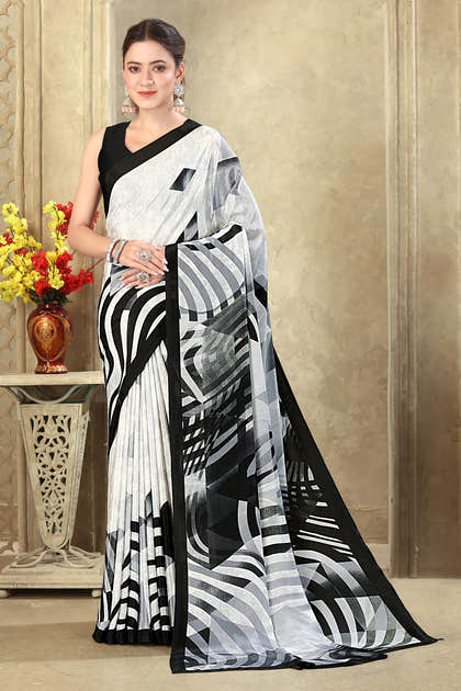 White & Black Stripe printed Crepe Silk Saree