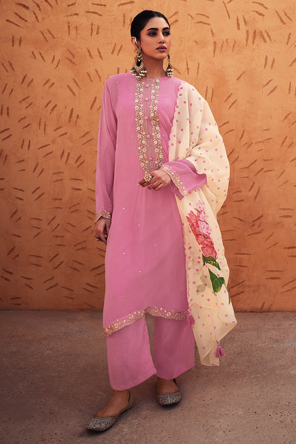 Pink Colour Embroidered Organza Unstitched Suit Material
