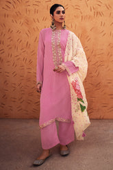 Pink Colour Embroidered Organza Unstitched Suit Material