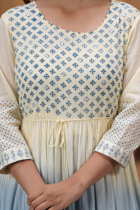 Cream & Blue Color Cotton Printed Anarkali Kurta