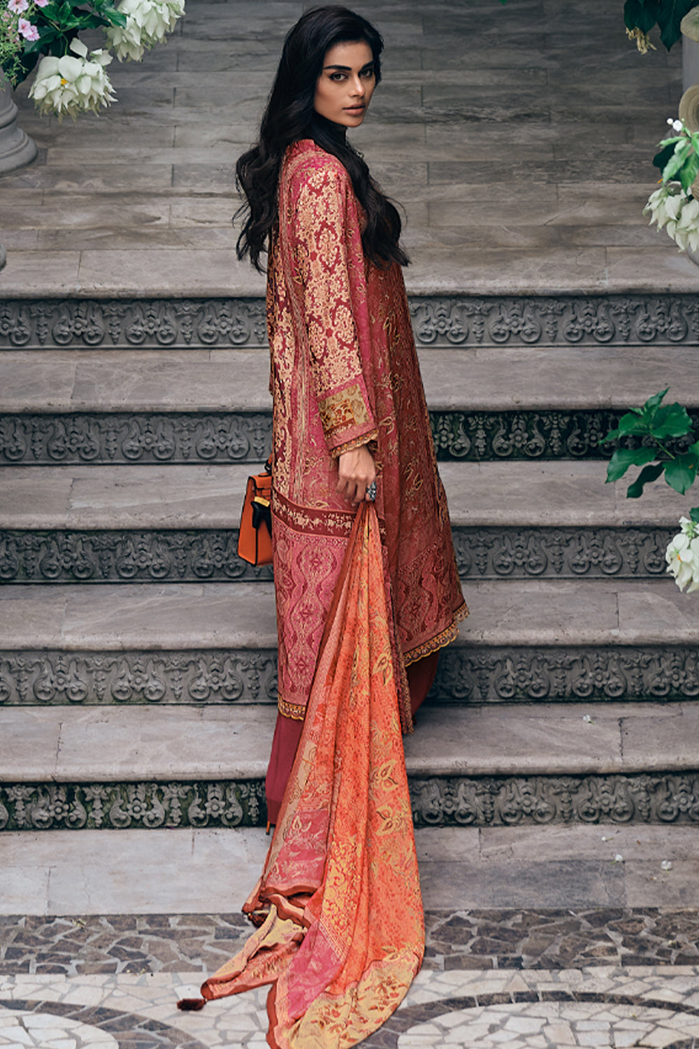 Coral Colour Printed Muslin Unstitched Suit Material