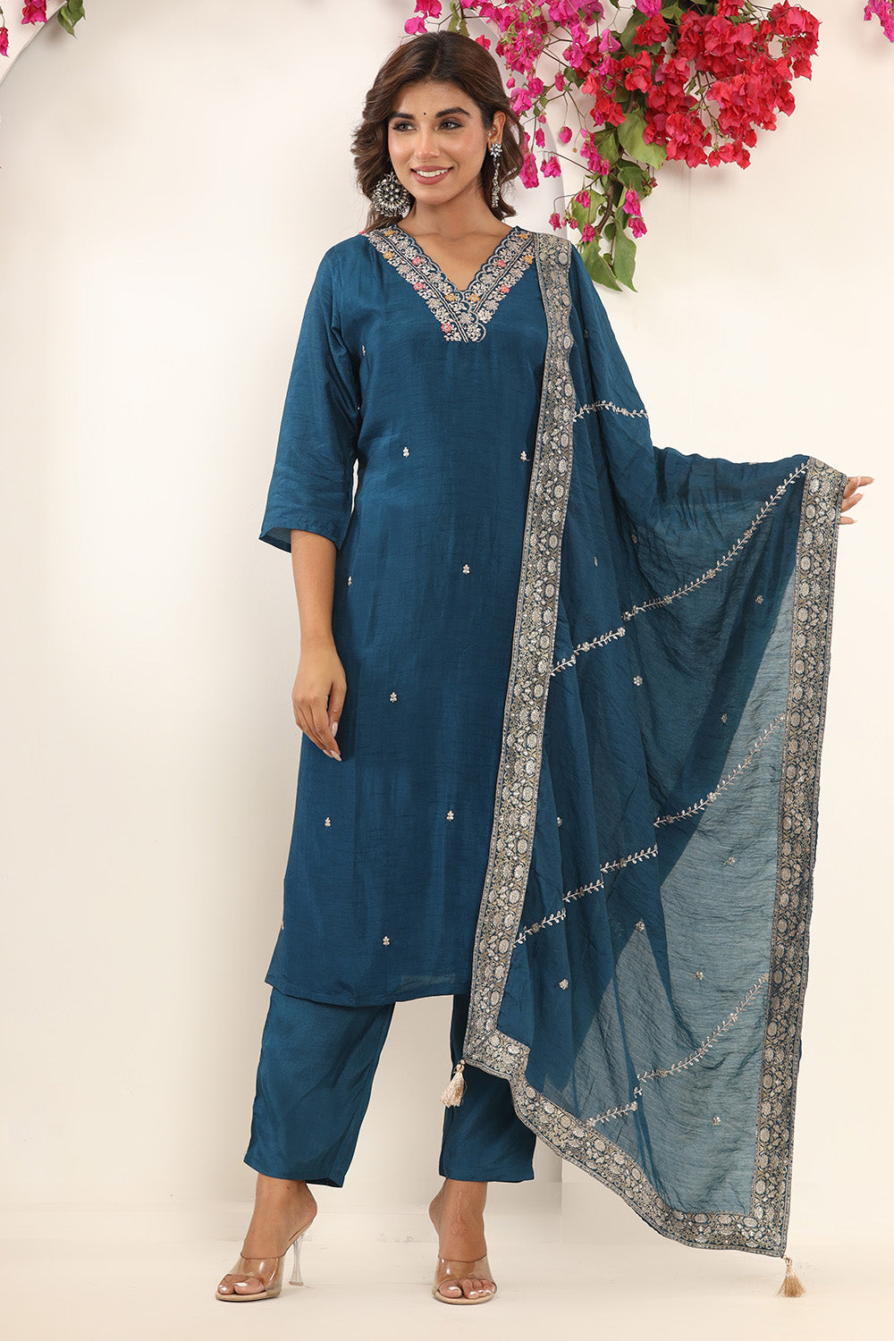 Teal Color Silk Neck Embroidered Straight Suit