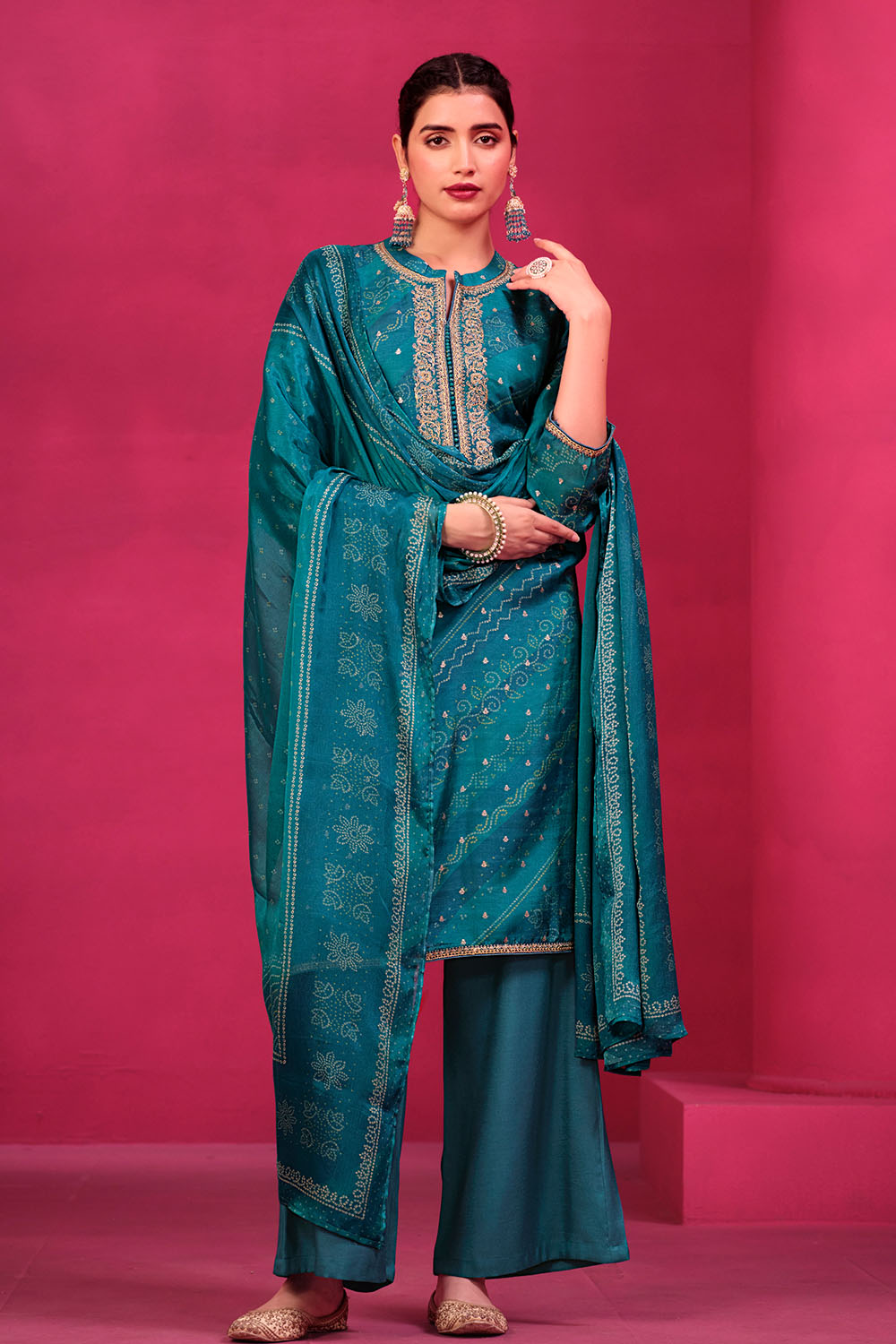 Teal Coluor Silk Embroidered Unstitched Suit Fabric