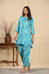 Turquoise Colour Printed Muslin Co-Ord Set